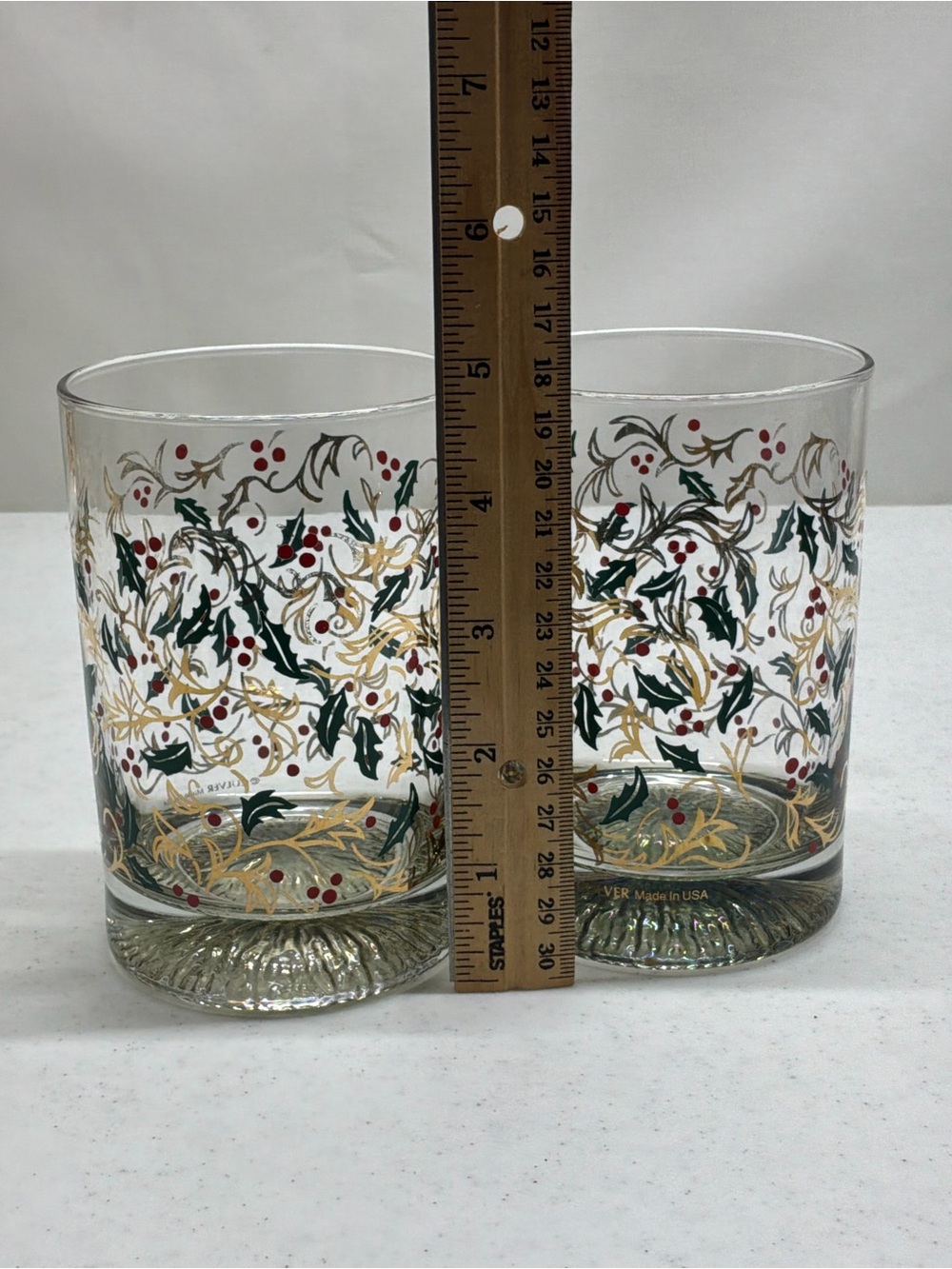 Culver 22K Gold MCM Holly Berry Double Rocks Glasses Signed Set of 2 - Picture 7 of 7
